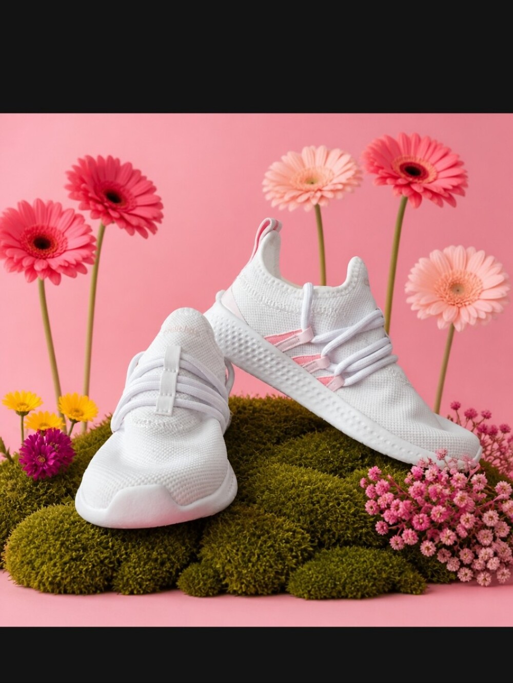 adidas Women’s White Knit Sneakers with Pink Accents